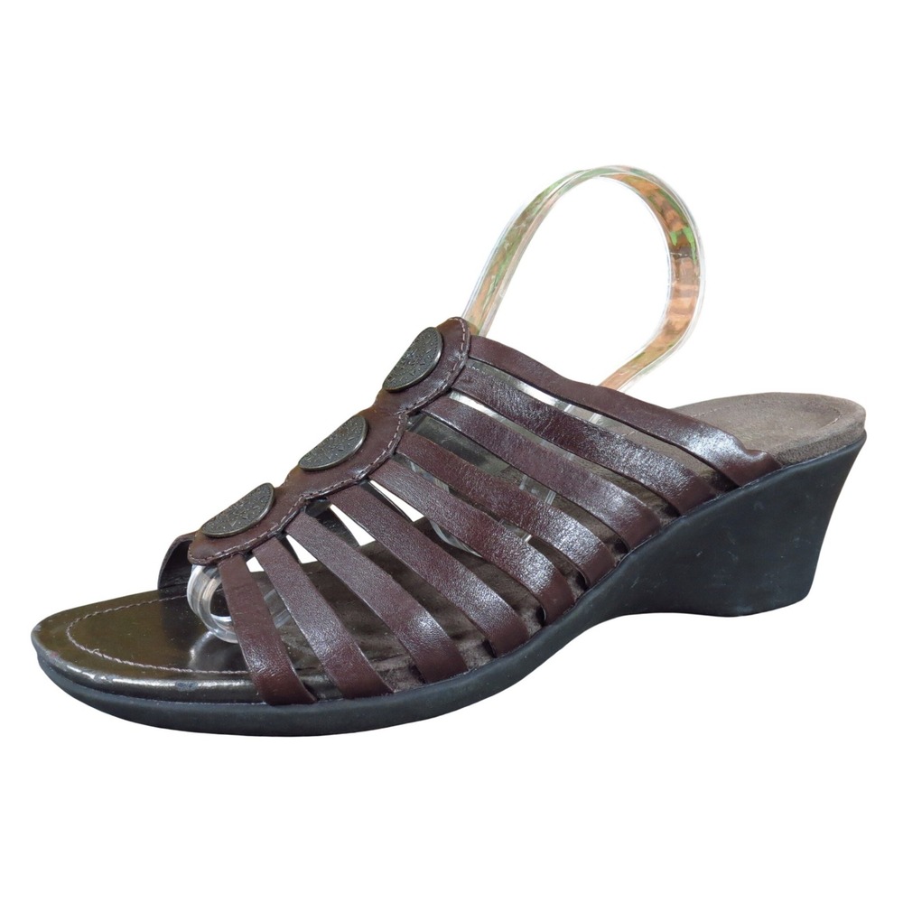 Strictly Comfort Women Strappy Wedge Sandals Sz 9.5 Casual Slide Brown Medallion